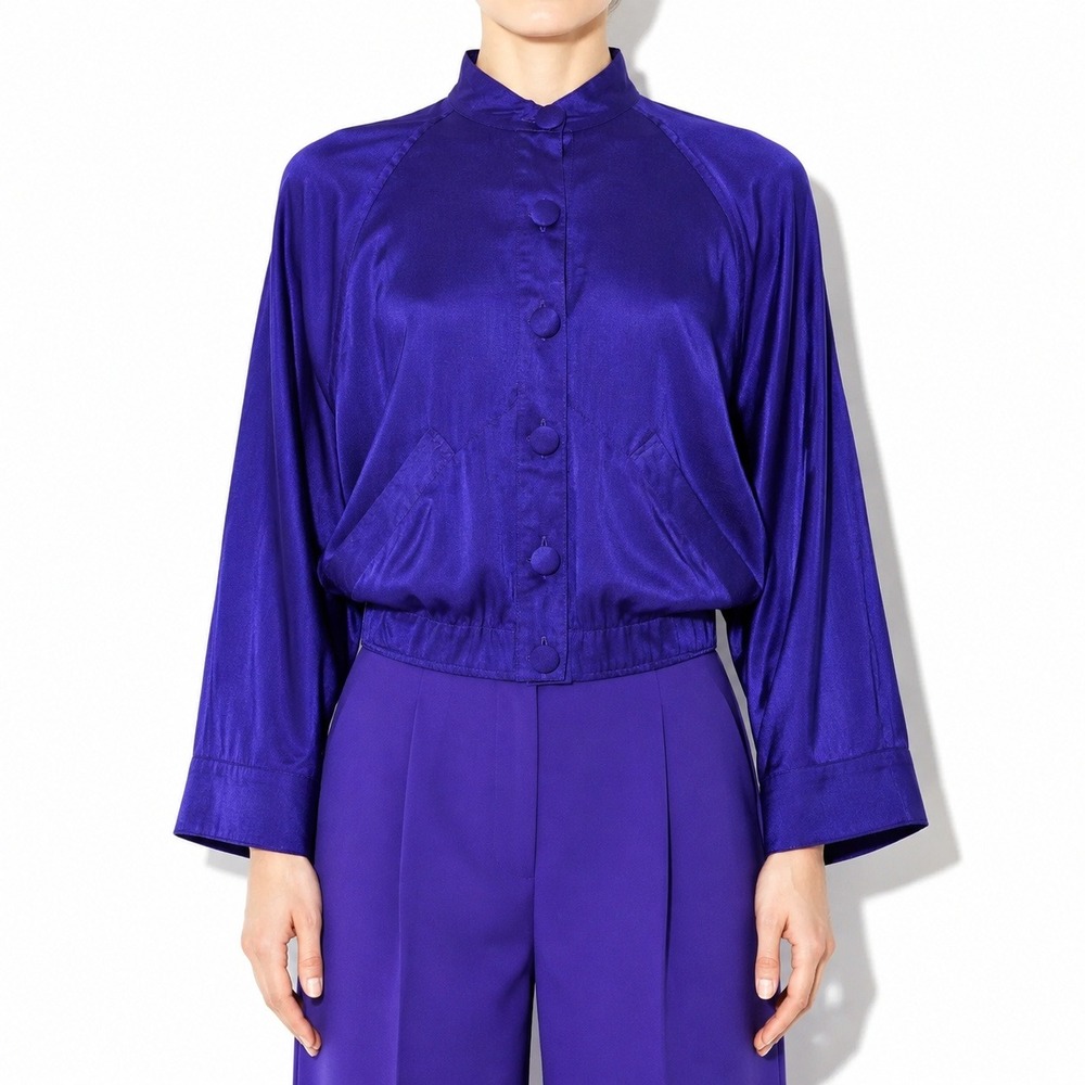 Vintage Purple Cropped Jacket Womens M Sia Bellini Mandarin Collar Shacket Satin